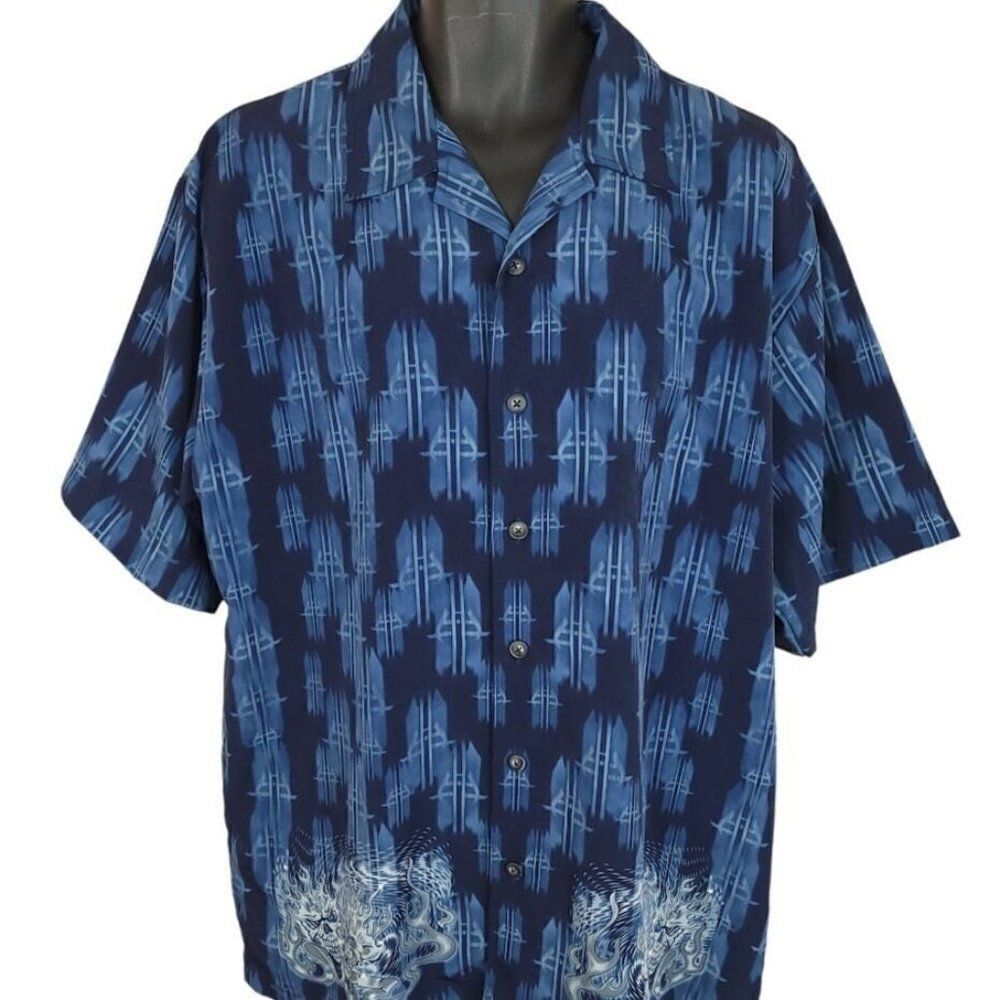 Anchor Blue Camp Shirt Vintage 90s Y2K Skulls Flames All Over Print Mens Large